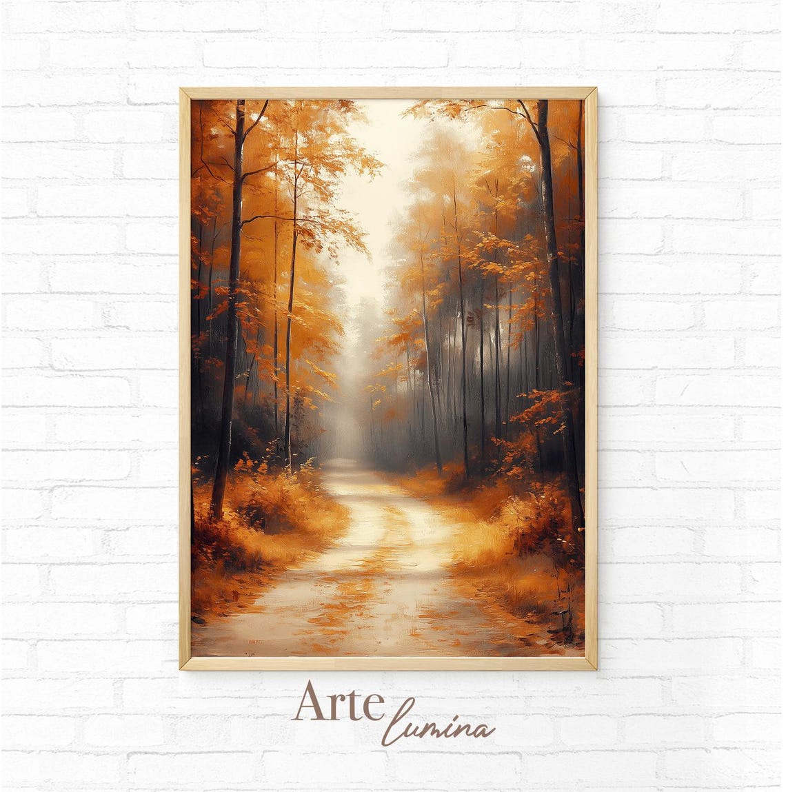 Golden Autumn Forest Path Between Towering Trees In Soft Mist Poster - Image 7