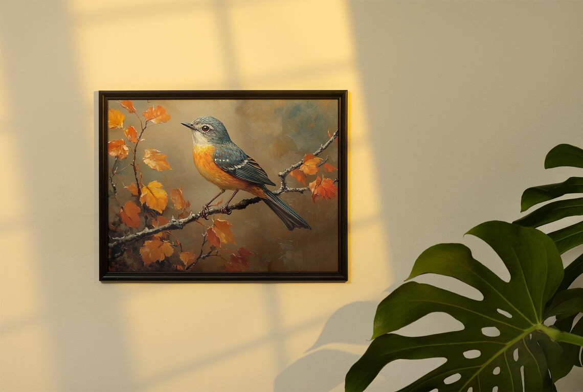 Vivid Blue and Orange Songbird on Golden Autumn Branch Poster - Image 5