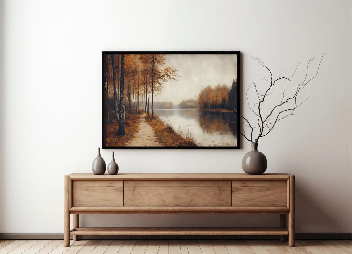 Autumn Birch Path Along Misty Lake With Golden Reflections Art Poster - Image 6
