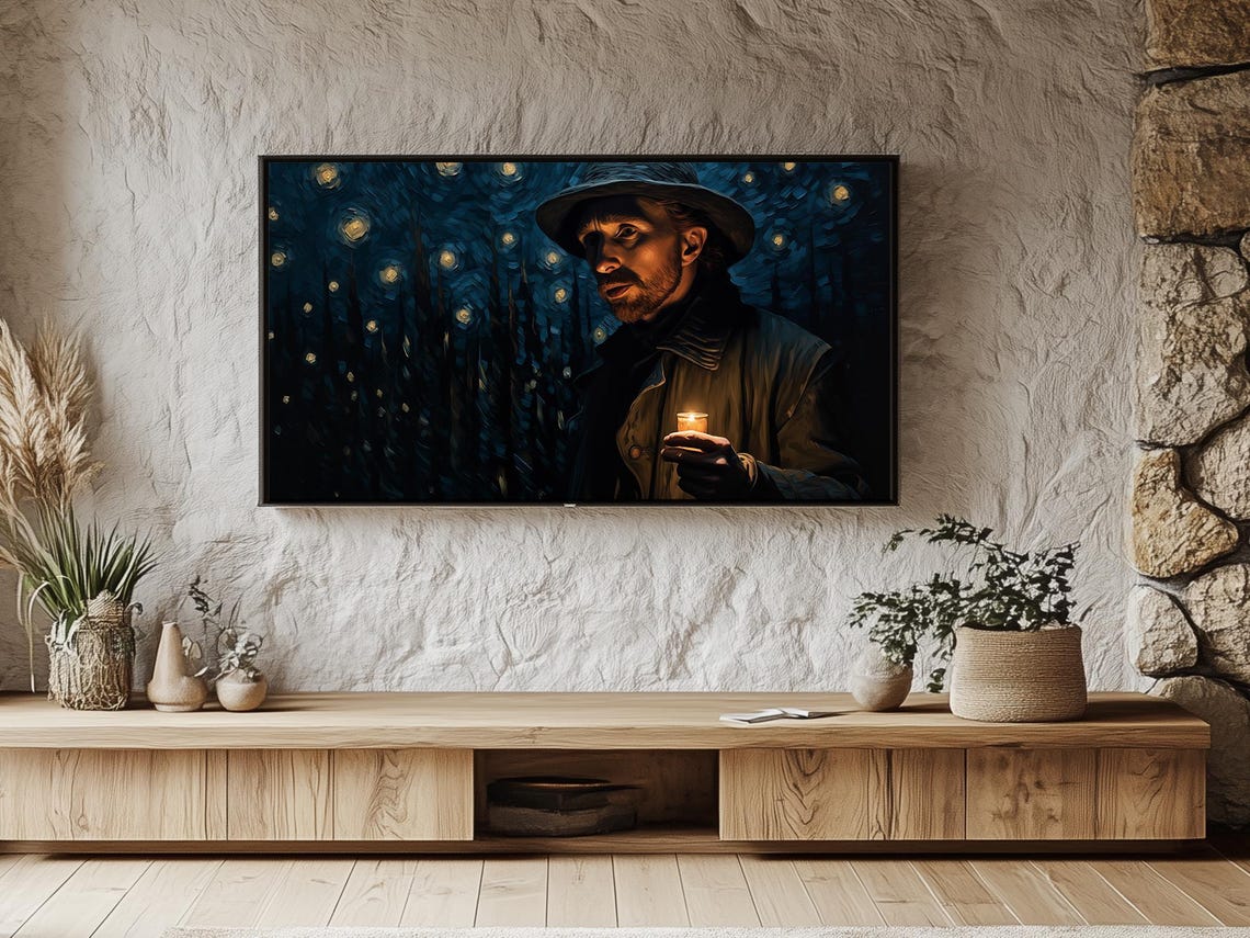 Van Gogh Inspired Starry Night Man With Candle Swirling Sky Art Poster - Image 6
