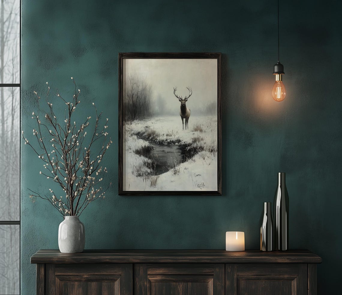 Noble Stag Beside a Misty Snowy Winter Stream Wildlife Poster - Image 6