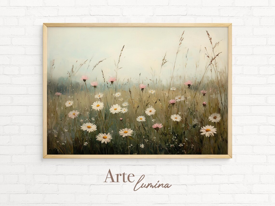 Wildflower Meadow With Daisies And Pink Blooms In Soft Morning Light Poster