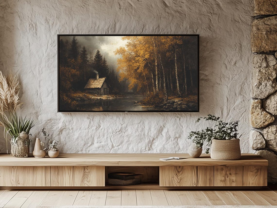 Golden Autumn Cabin Beside a Quiet Forest River Landscape Poster - Image 5