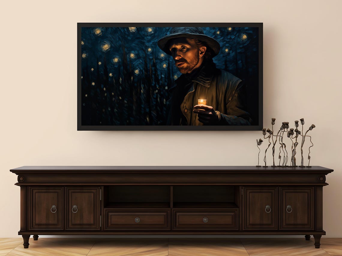 Van Gogh Inspired Starry Night Man With Candle Swirling Sky Art Poster - Image 2