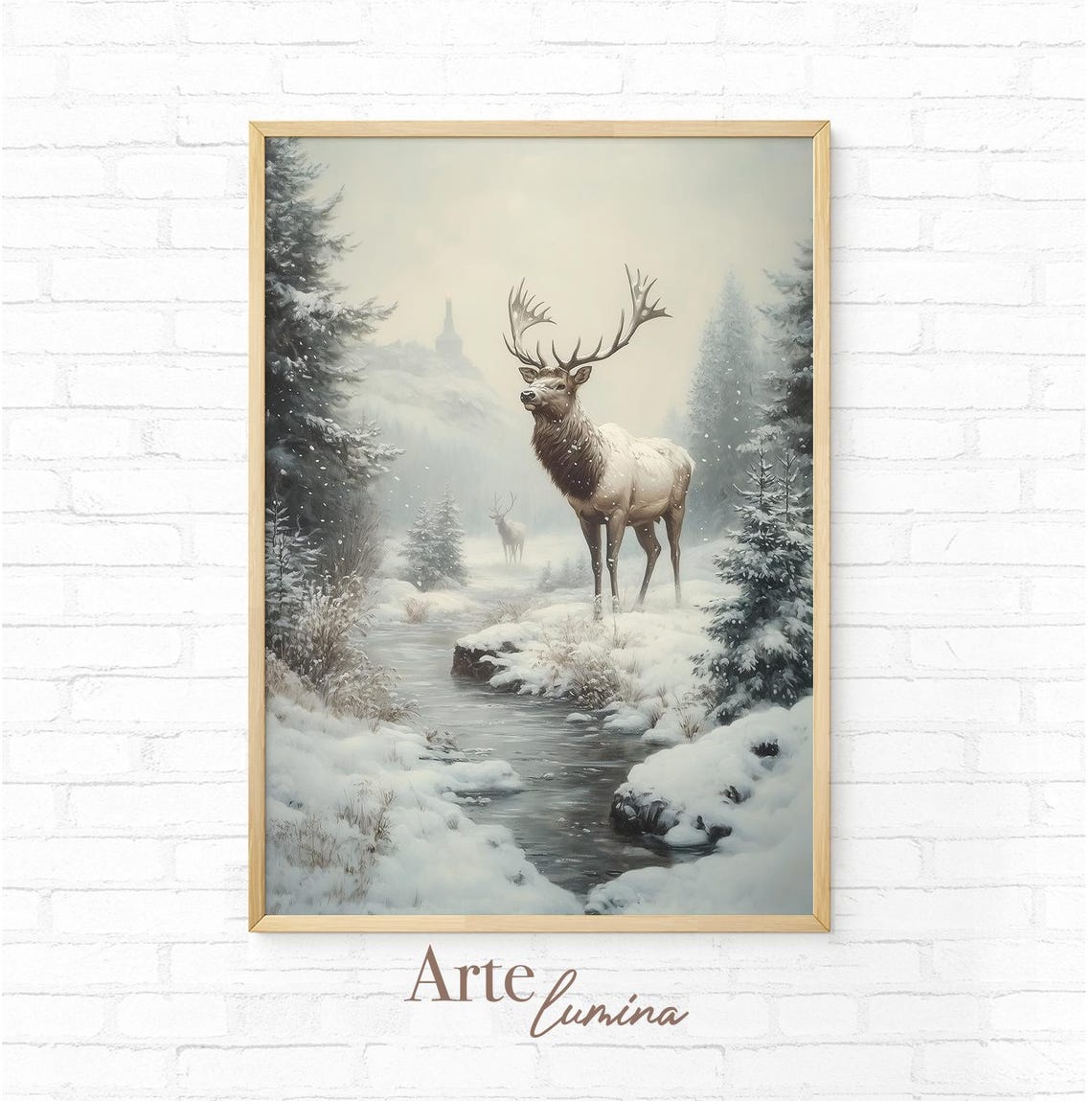 Majestic Elk by a Snowy Creek Among Sunlit Winter Pines Poster - Image 7
