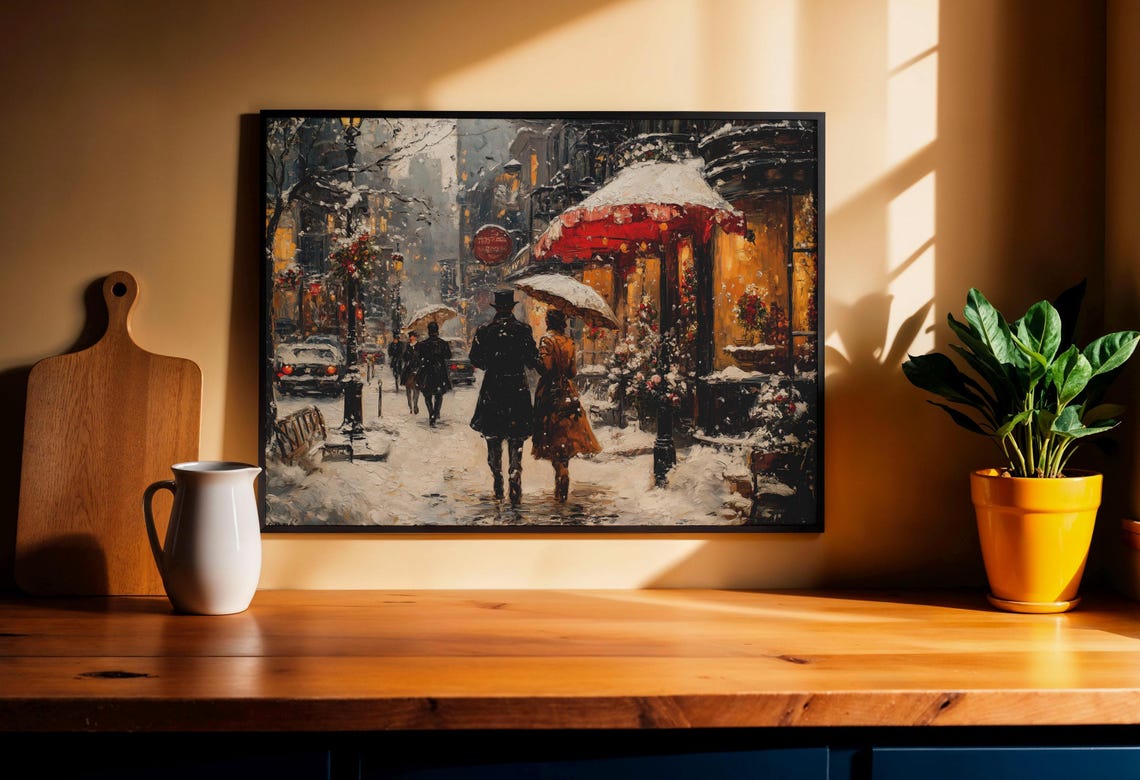 Romantic Umbrella Lovers Walking on a Snowy Parisian Street Poster - Image 3