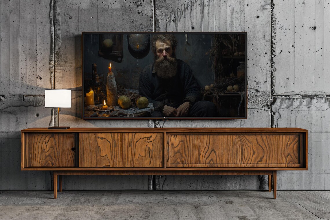 Bearded Man By Candlelight In Dark Rustic Room Moody Oil Painting Poster - Image 5