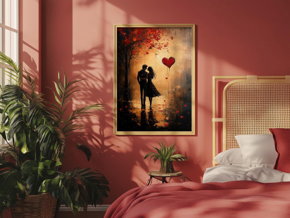 Romantic Lovers Silhouette with Red Heart Balloon Autumn Poster - Image 2