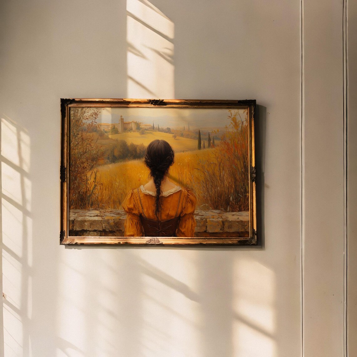 Woman in Amber Dress Overlooking Golden Tuscan Hillside Poster - Image 6