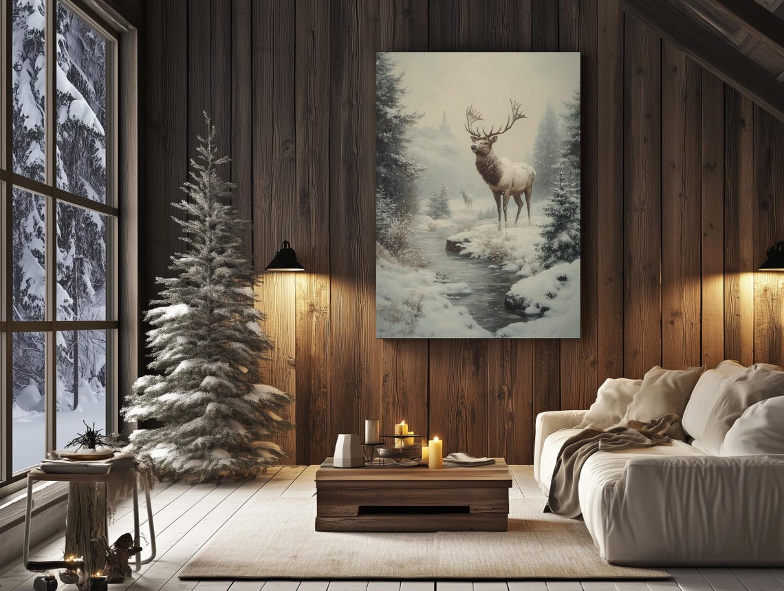 Majestic Elk by a Snowy Creek Among Sunlit Winter Pines Poster - Image 3