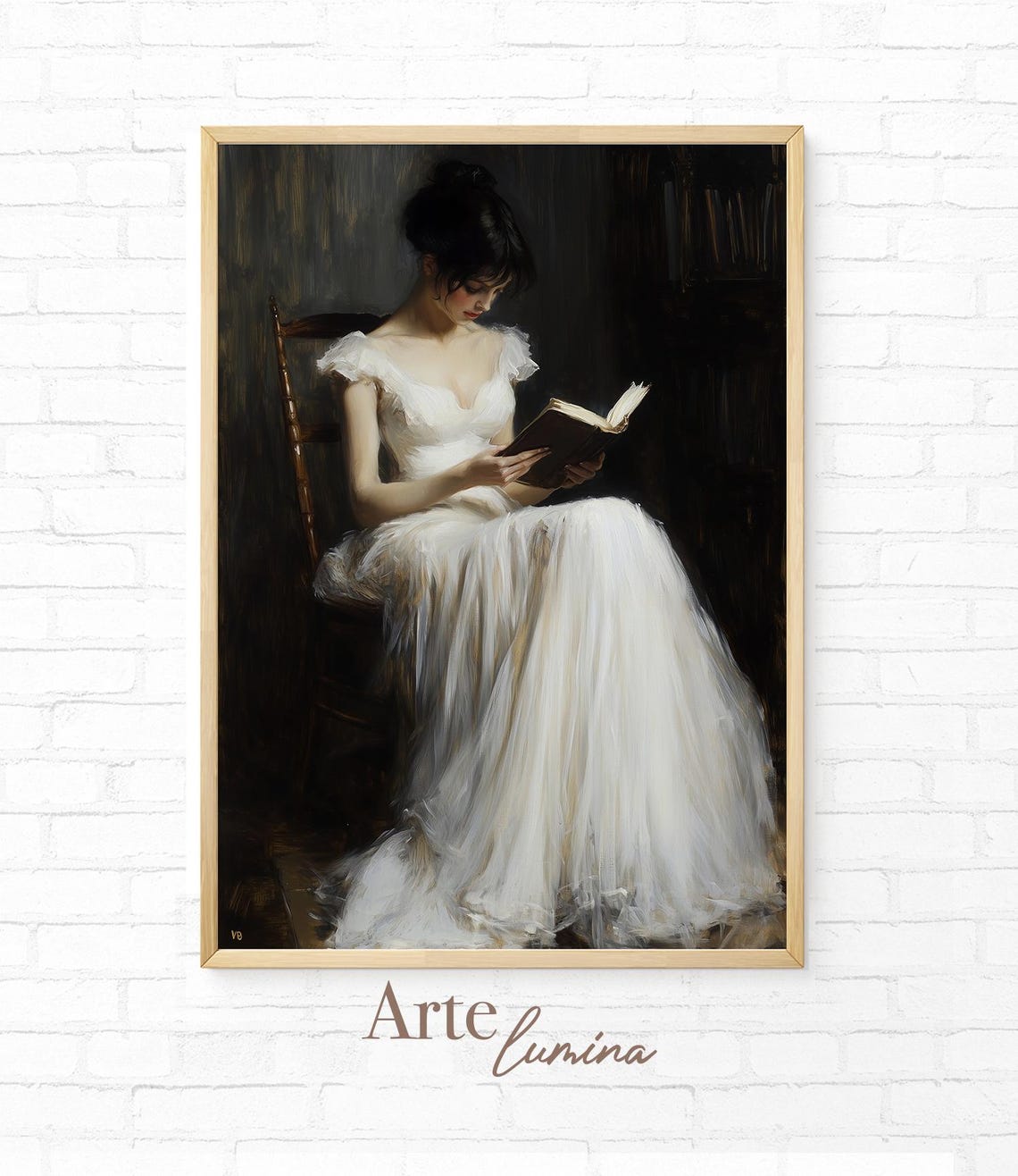 Graceful Woman Reading a Book in a Flowing White Gown Art Poster