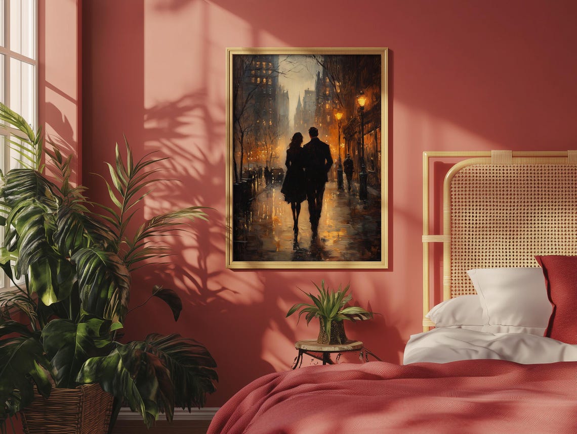 Romantic Couple Strolling a Rainy Lamplit City Street at Dusk Poster - Image 2