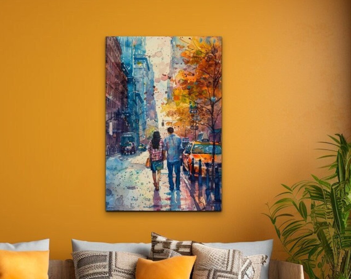 Autumn City Stroll Couple With Yellow Taxis Watercolor Wall Art