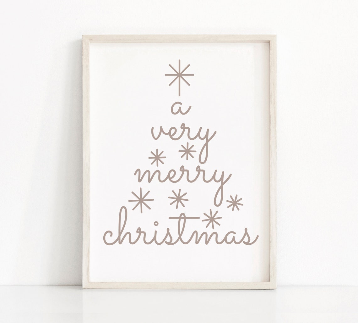 A Very Merry Christmas Taupe Script Tree Shape Minimalist Wall Print