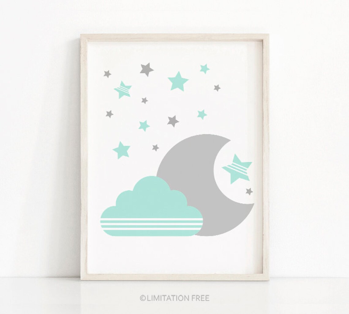 Moon and Stars Nursery Art Print, Mint Green Gray