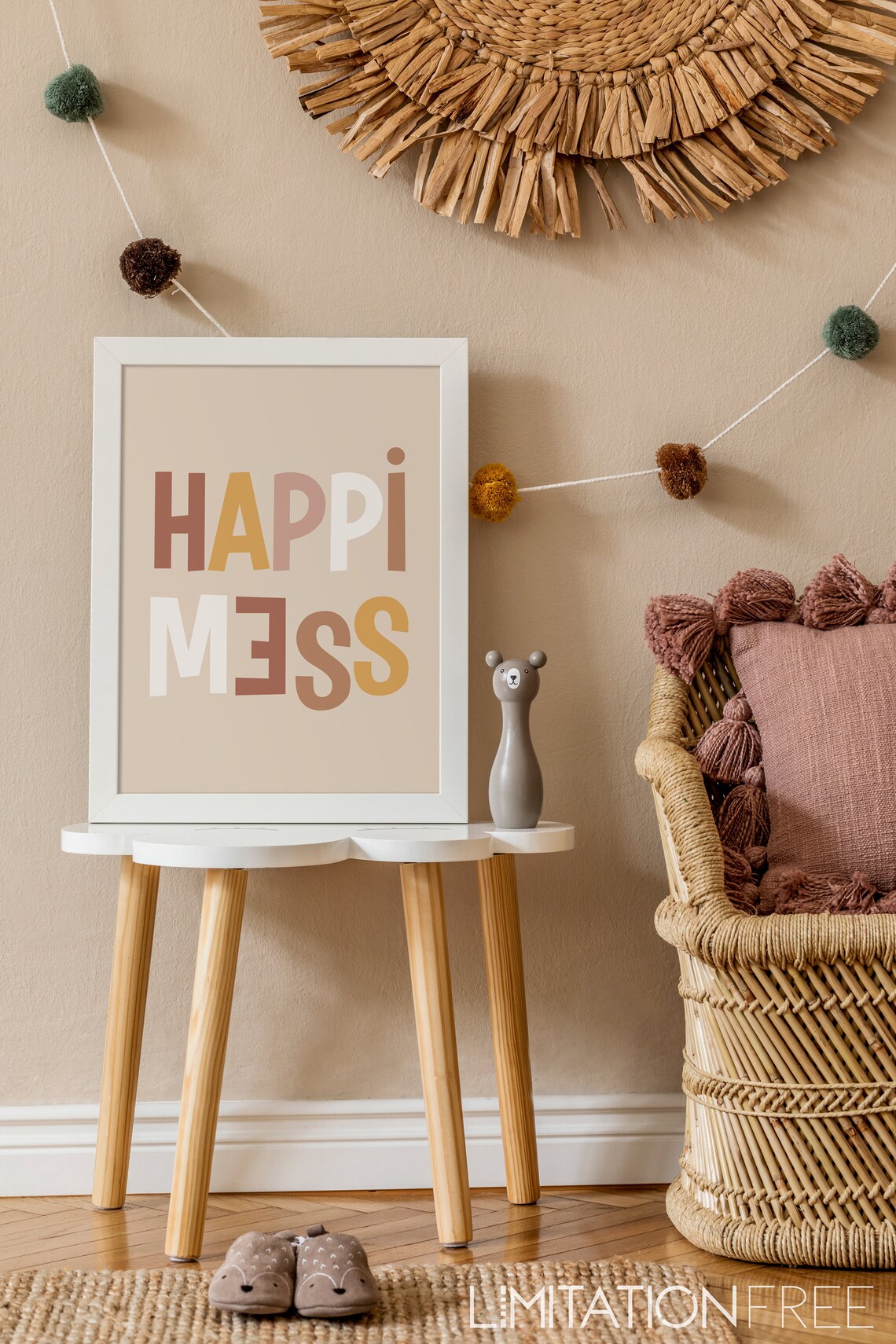 Happimess Quote Beige Neutral Nursery Print Kids Room Wall Art - Image 2