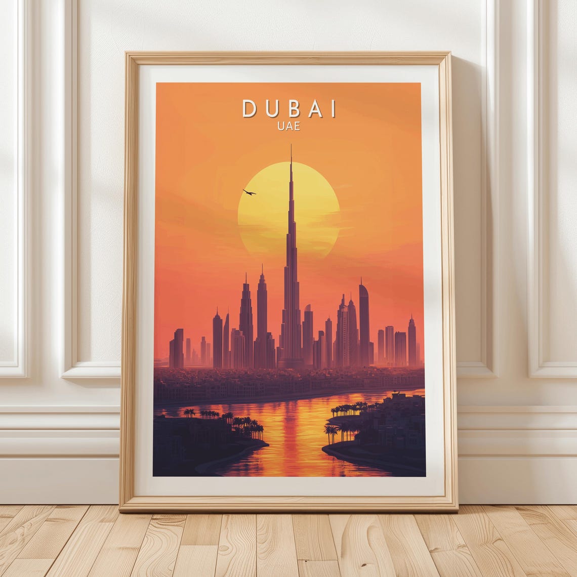 Dubai UAE Burj Khalifa Big Sun Sunset Skyline Framed Travel Poster
