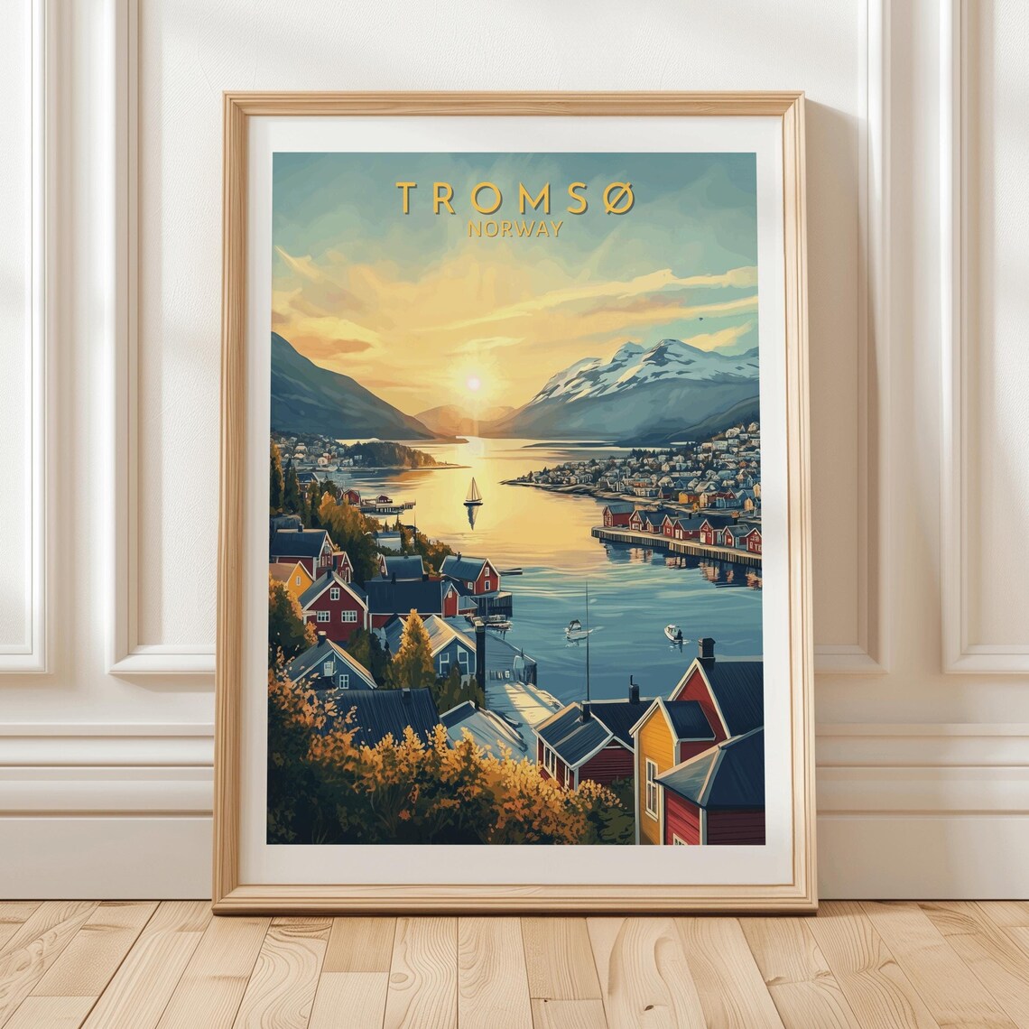 Tromso Norway Coastal Sunset Fjord With Colorful Houses Art Poster