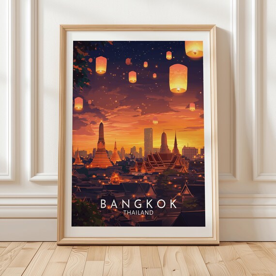 Bangkok Thailand Floating Lantern Festival Sunset Skyline Poster