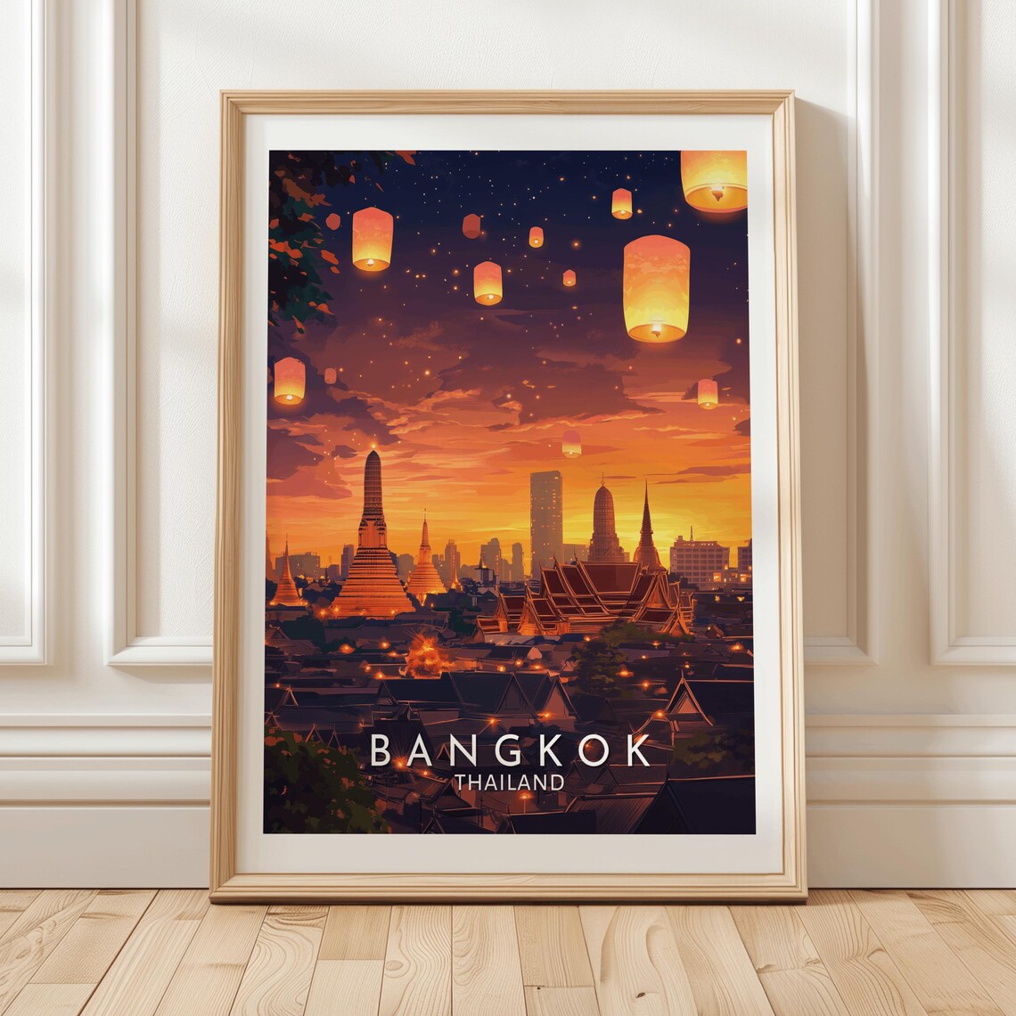 Bangkok Thailand Floating Lantern Festival Sunset Skyline Poster