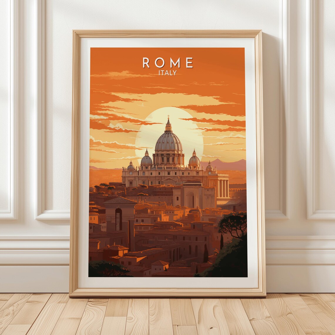 Rome Sunset Skyline St Peters Dome Silhouette Italy Travel Poster