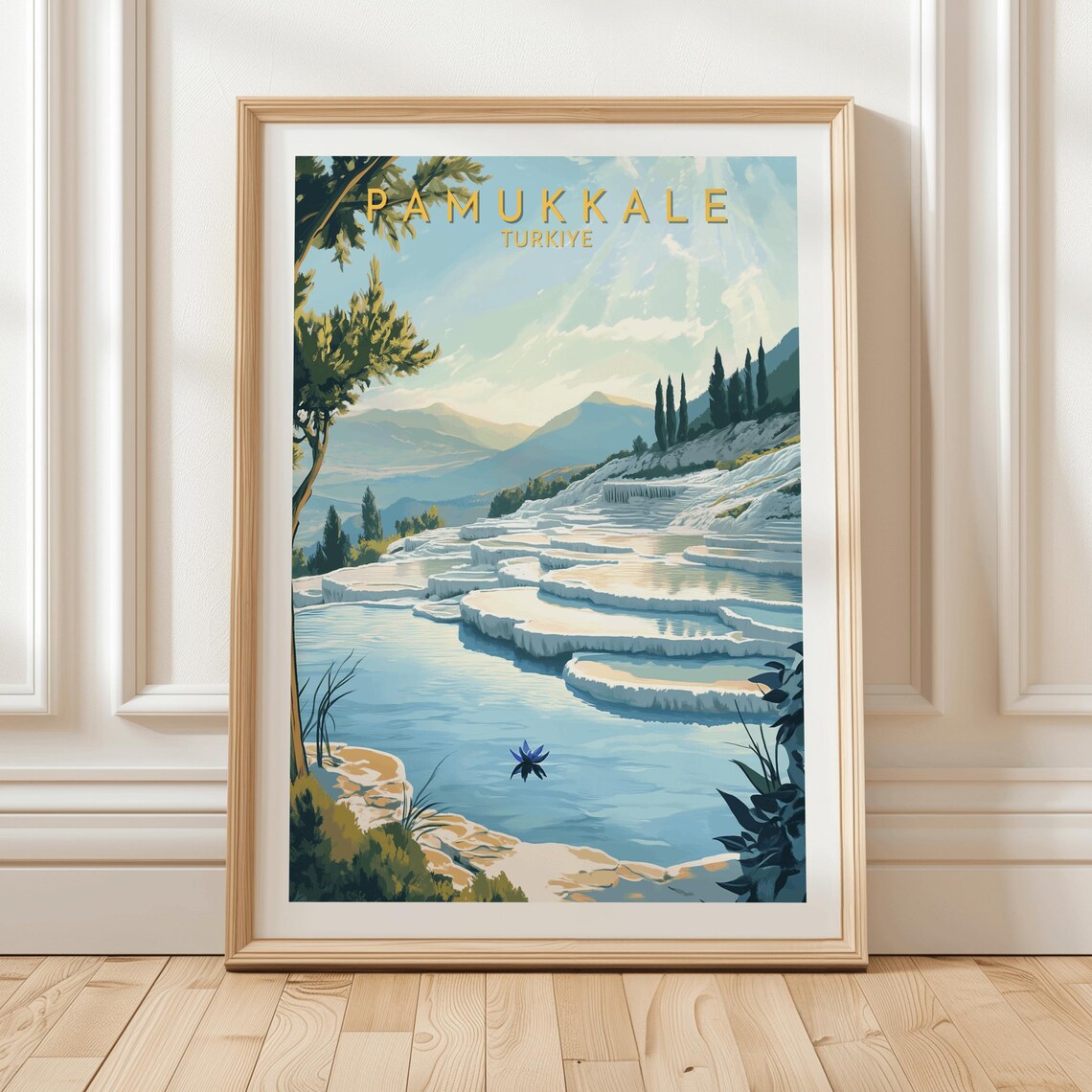 Pamukkale Turkiye Travertine Terraces Blue Pool Daytime Travel Poster