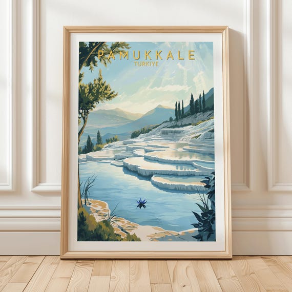 Pamukkale Trkiye Travel Poster Featuring Natural Thermal Terraces Clear Blue Pools Mountain Backdrop And Serene Landscape Illustration