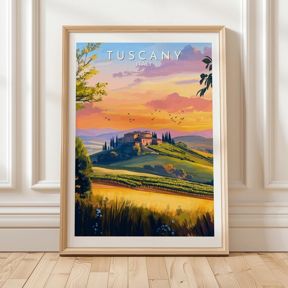 Tuscany Italy Sunset Countryside Vineyard Farmhouse Travel Poster