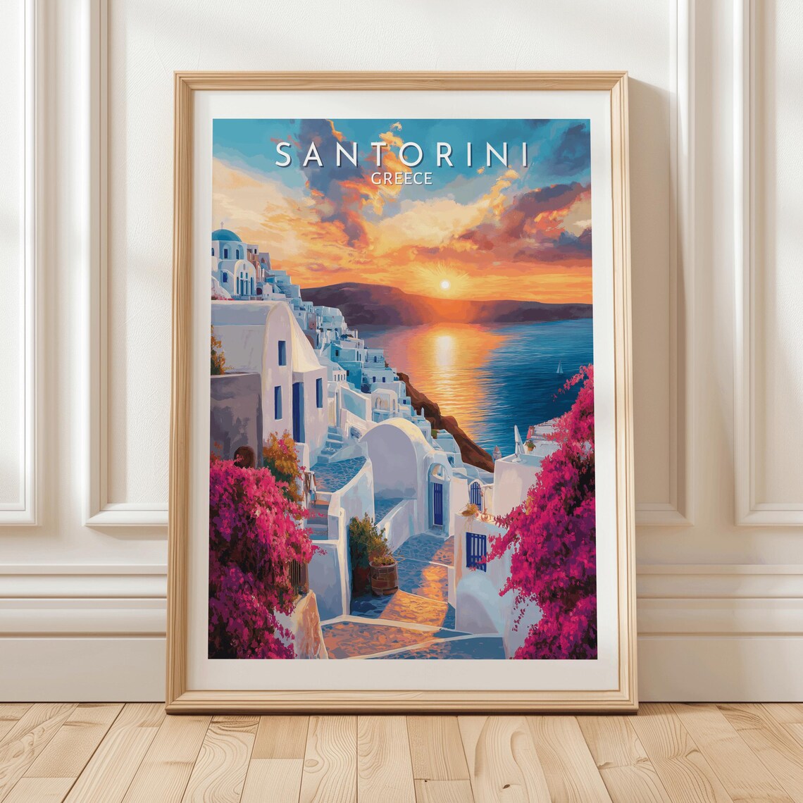 Santorini Greece Sunset Whitewashed Homes Bougainvillea Poster