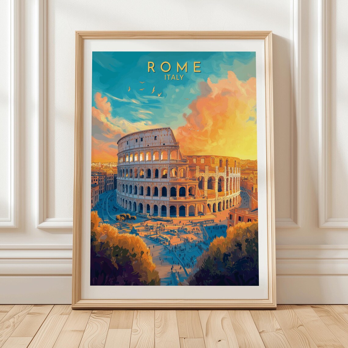 Rome Italy Vintage Travel Poster Colosseum At Sunset Landmark