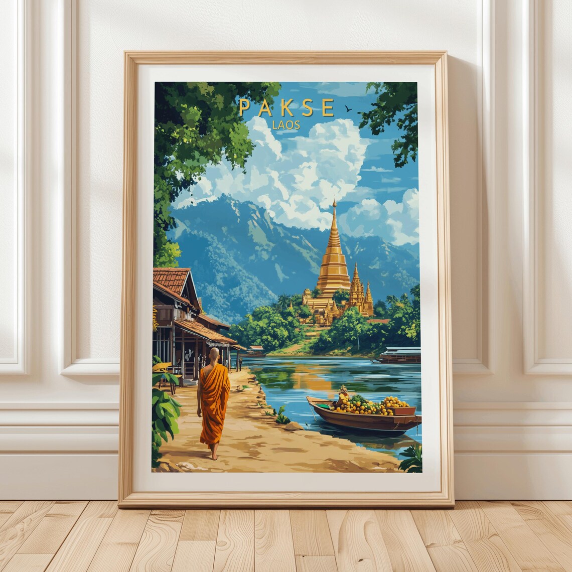 Retro Pakse Laos Travel Poster with Monk Temple and River Boat