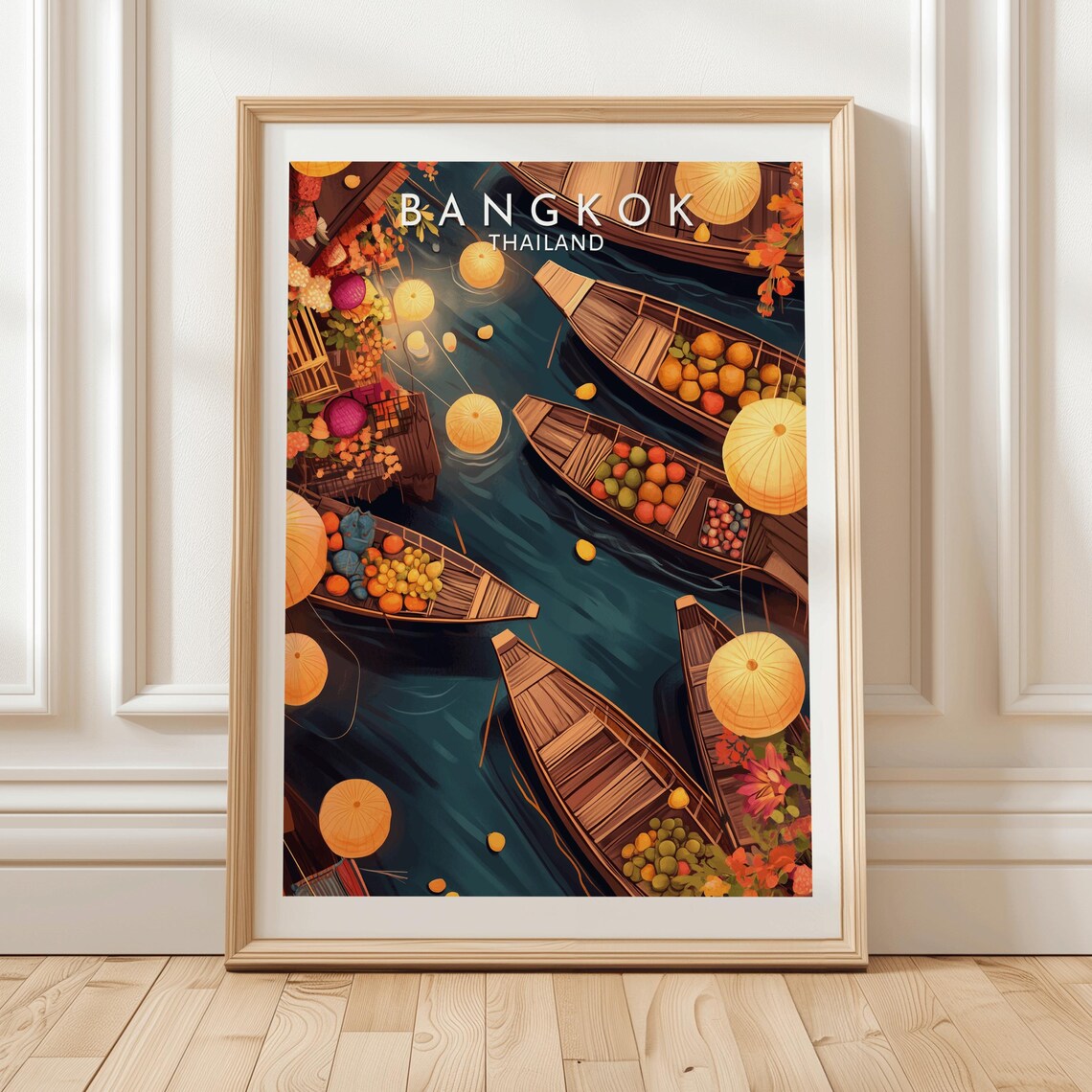 Framed Bangkok Floating Market Lantern Boats Thailand Travel Poster