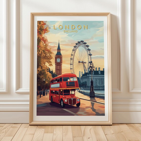 London England Poster with Big Ben London Eye and Red Double Decker Bus