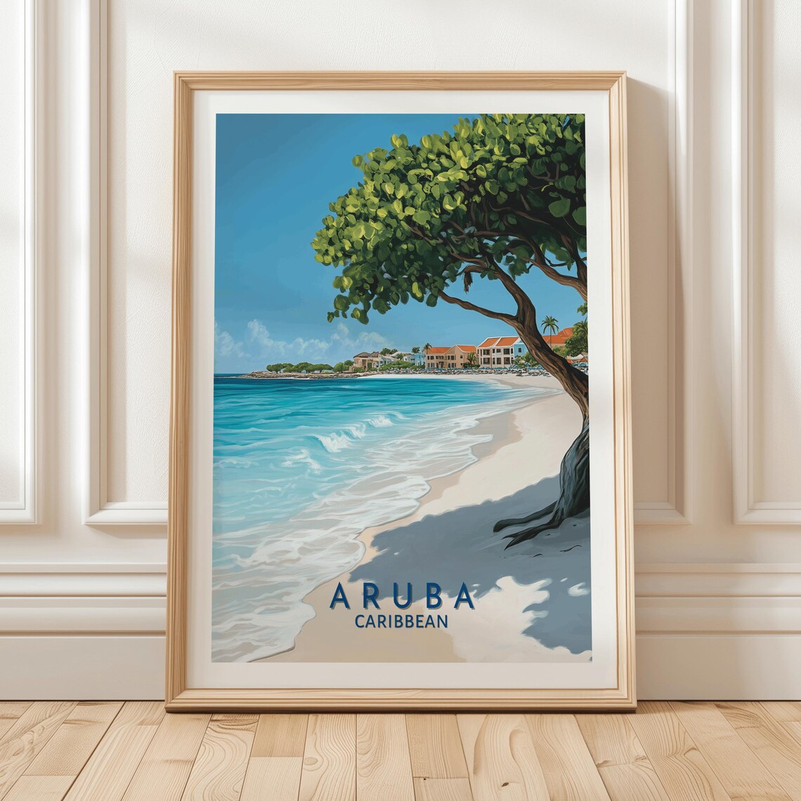 Aruba Caribbean Travel Poster Divi Tree White Sand Beach Scene