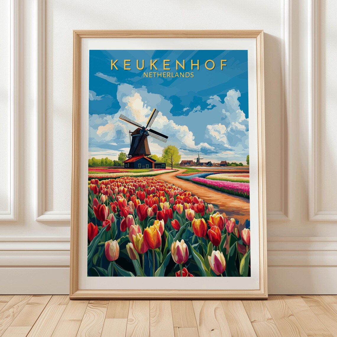 Keukenhof Netherlands Tulip Fields Dutch Windmill Travel Poster