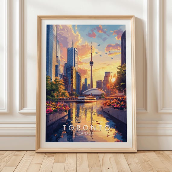Toronto Canada Travel Poster With Cn Tower City Waterfront Cruise Sunset Skies And Urban Floral Reflections Illustration Traveler Gift