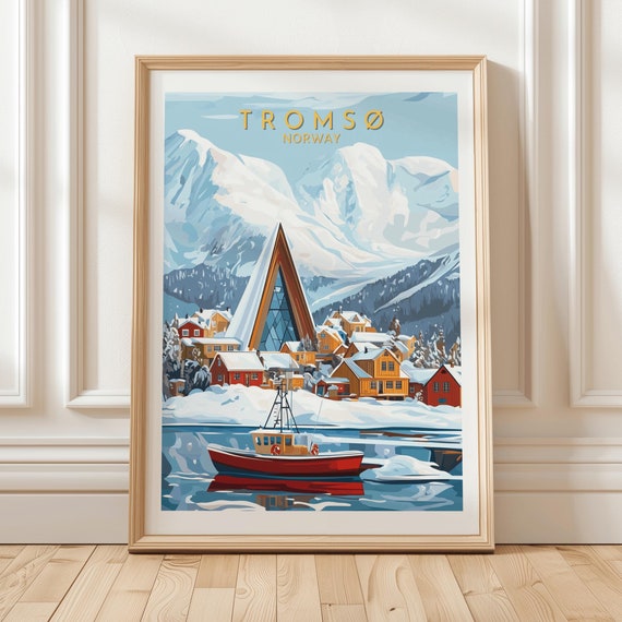 Troms Norway Arctic Cathedral Winter Wall Art Print Nordic Landscape Illustration With Colorful Houses And Red Fishing Boat