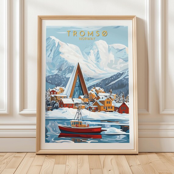 Tromso Norway Arctic Cathedral Snowy Winter Harbor Travel Poster