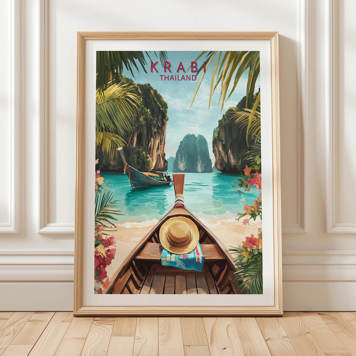 Krabi Thailand Longtail Boat Lagoon Limestone Cliffs Travel Poster