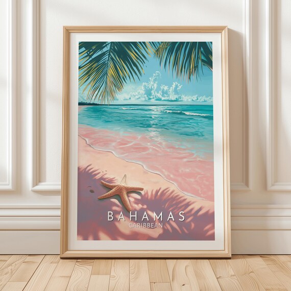 Bahamas Caribbean Beach Art Print Featuring Pink Sand Shore With Starfish Turquoise Waters And Palm Leaf Shadows Birthday Gift