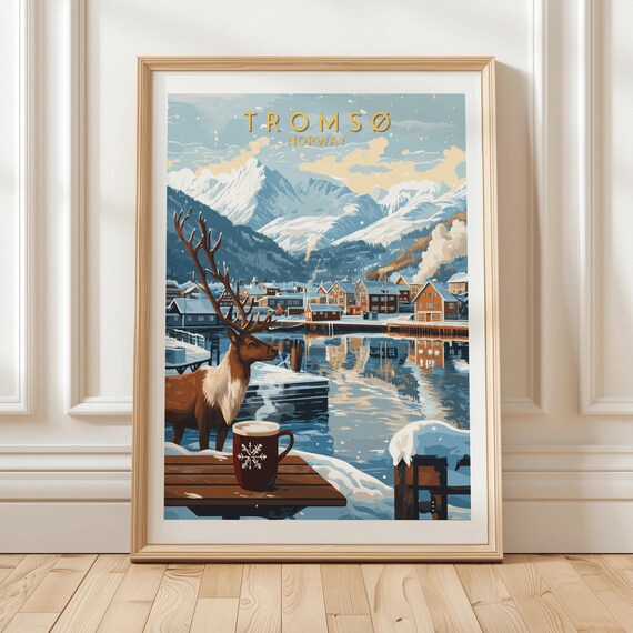 Tromso Norway Reindeer Fjord Steaming Hot Wine Winter Travel Poster