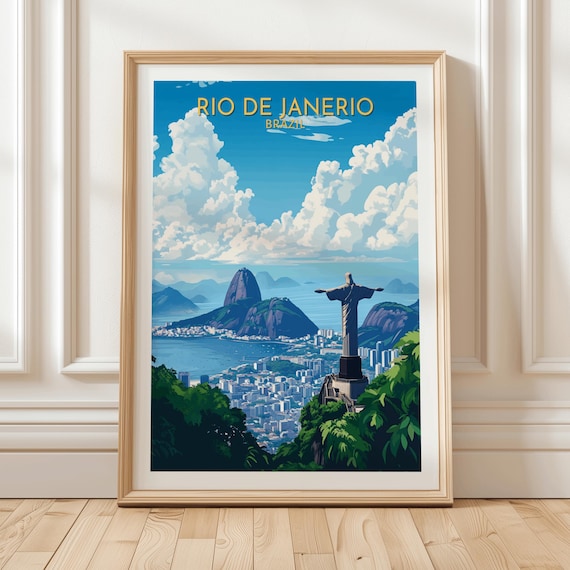 Rio de Janeiro Brazil Travel Poster Christ the Redeemer Blue Sky