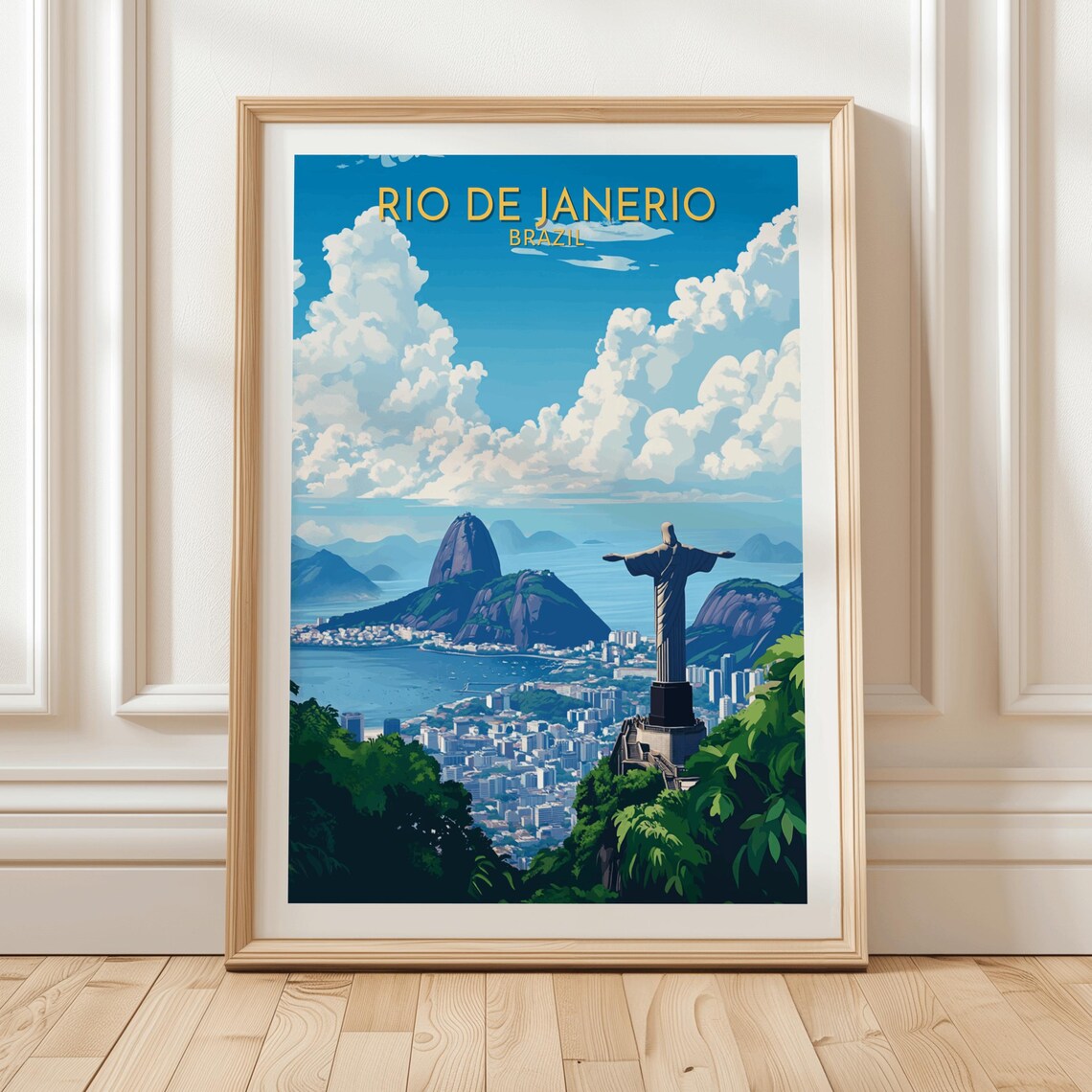 Rio de Janeiro Brazil Travel Poster Christ the Redeemer Blue Sky