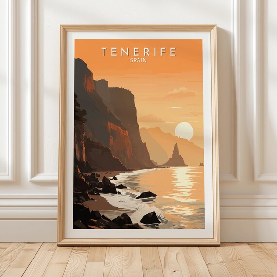 Tenerife Spain Sunset Coastal Cliffs Ocean Reflection Travel Poster