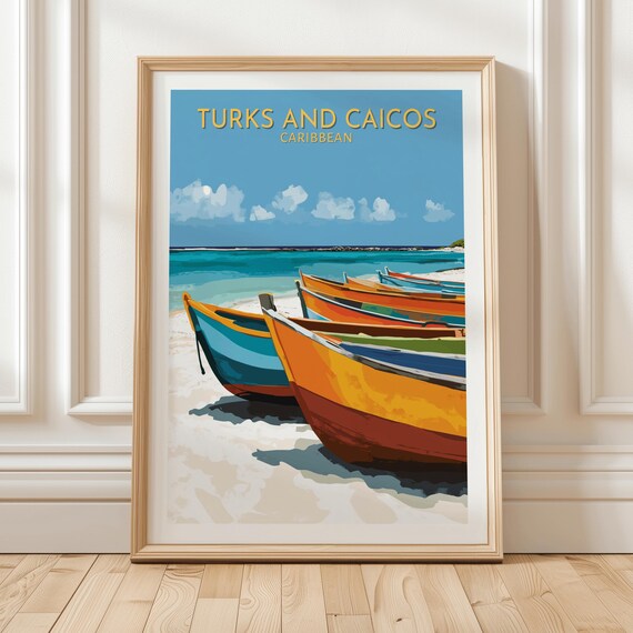 Turks And Caicos Caribbean Beach Wall Art Print Featuring Colorful Wooden Boats On White Sand Shore Beside Bright Blue Ocean Waves Gift