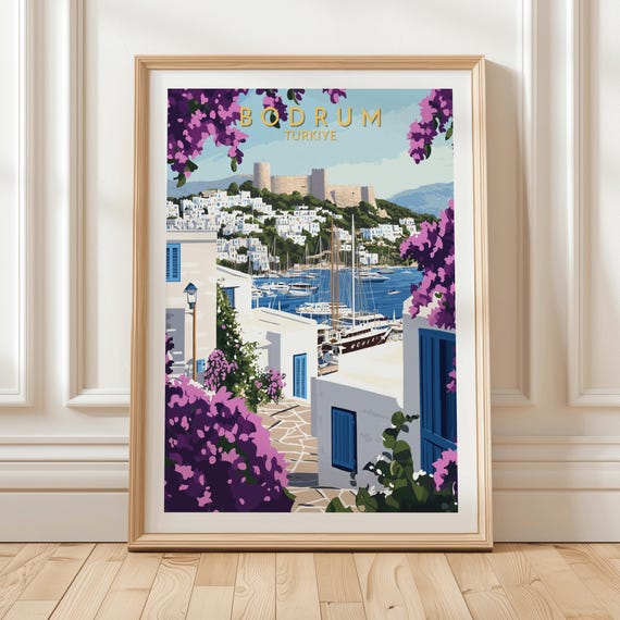Bodrum Trkiye Coastal Travel Poster Featuring Whitewashed Houses Bougainvillea Castle And Marina Boats Wall Art Print Traveler