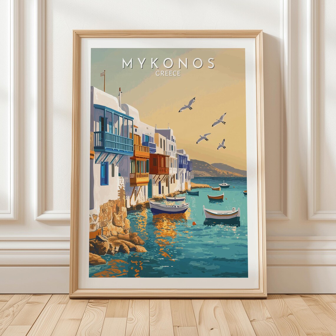 Mykonos Greece Colorful Seaside Village Boats Sunset Travel Poster