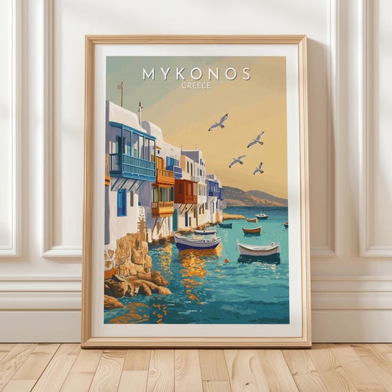 Mykonos Greece Wall Art Poster Featuring Colorful Balconies Boats And Seaside Village Illustration Coastal Travel Print Vacation Gift