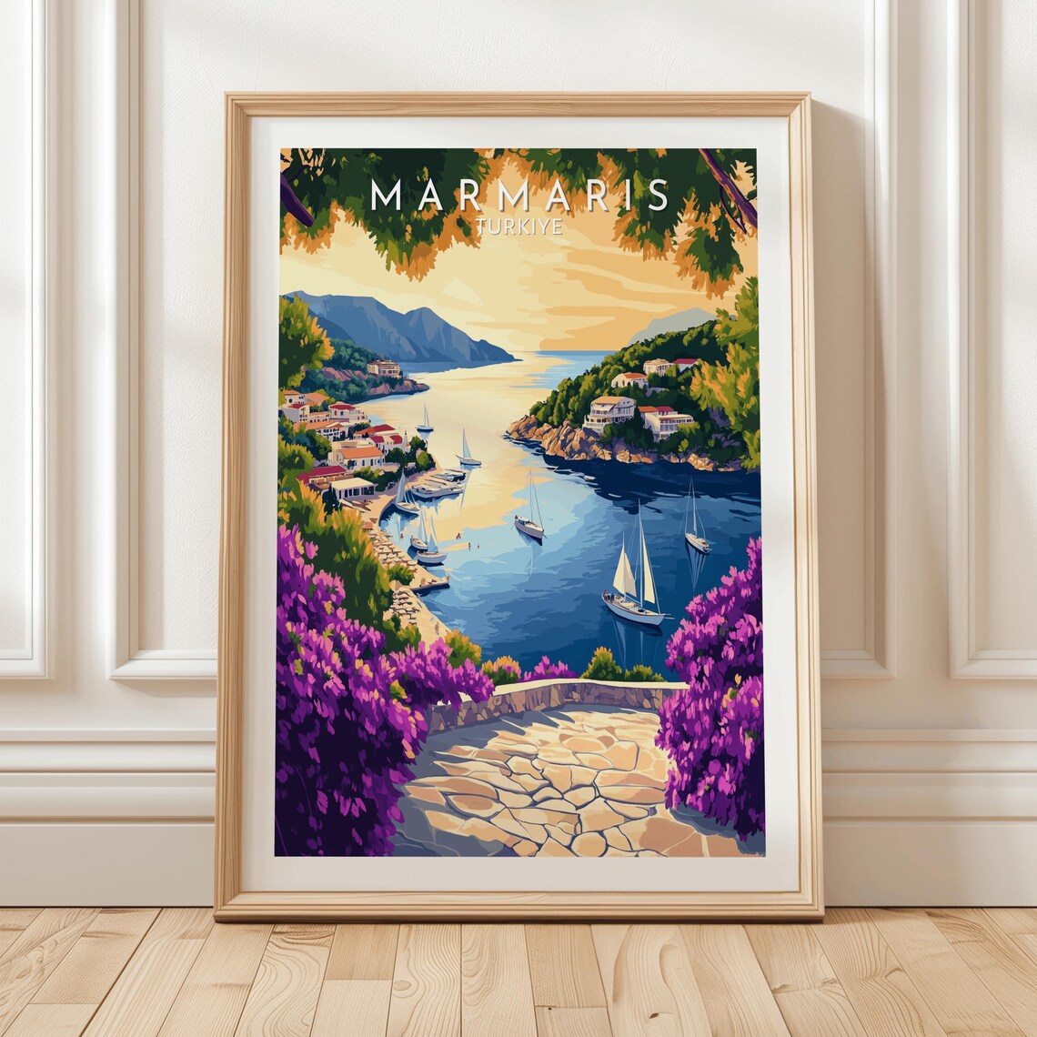 Marmaris Turkiye Sunset Bay Sailboats Vintage Coastal Travel Poster