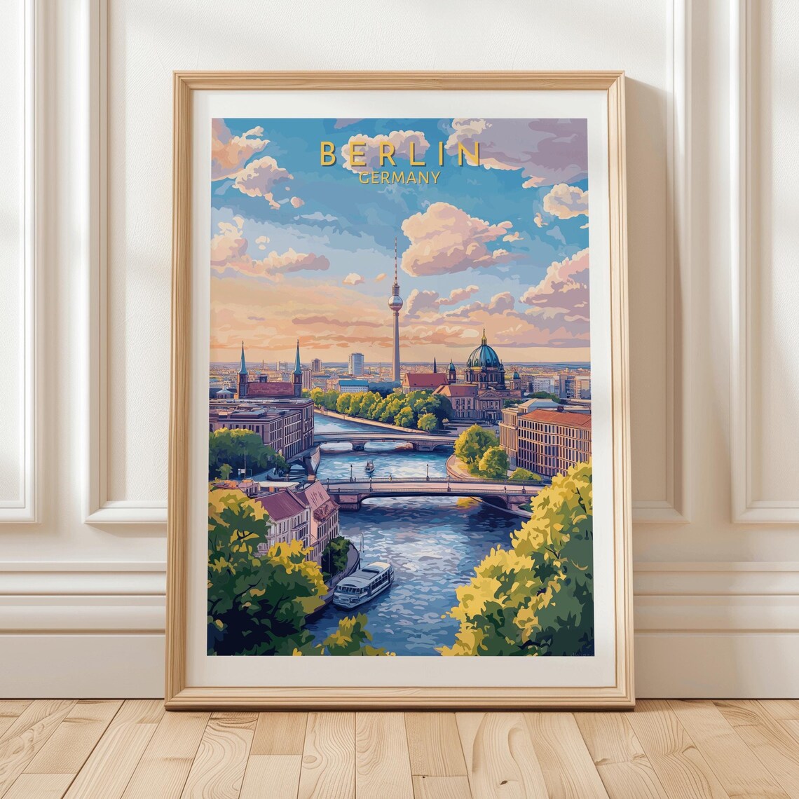Berlin Germany Sunset River Skyline TV Tower Bridge Travel Poster